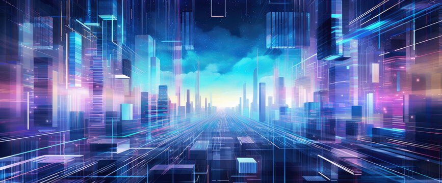 the futuristic cityscape of a smart city with a line of light,technology and city concept high speed connectivity lights at night