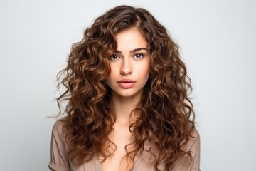 Naklejka premium Woman With Brunette Curly Long Hair On White Background . Сoncept Styling Long Curly Hair, Healthy Hair Care Tips, Natural Beauty For Women, Brunette Look Tutorials