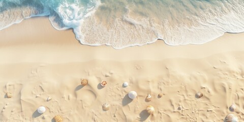 Fototapeta na wymiar Seashells on the sandy beach in summer. Aerial view. Top view of sand beach and sea wave with white sand background. 