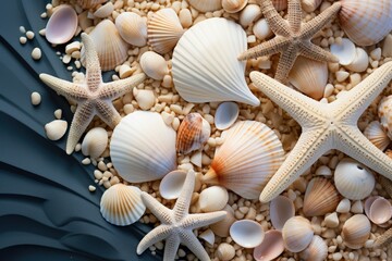 Seashells and starfish on a sandy beach with waves. 
Summer background. Mediterranean Sea.  