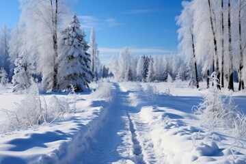 Winter landscape with snow covered trees and road in the forest on a sunny day. Winter road in the forest. 