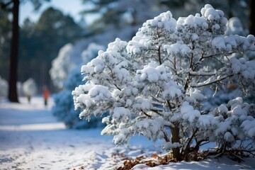 Frosty tree in the winter forest. Beautiful winter landscape. Pine tree covered with snow in the park. Winter landscape. Beautiful winter background.