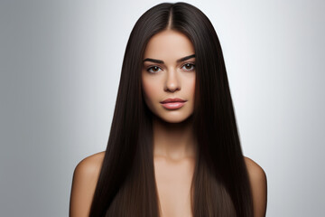 Naklejka premium Woman With Brunette Straight Long Hair On White Background, Custom