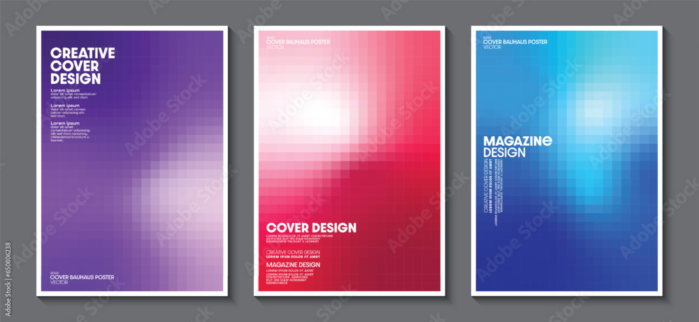 Poster cover designs pixels mosaic pattern gradient colorful graphic background set. concept design and pri