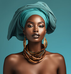 Portrait of beautiful afro american woman with bright makeup. Attractive dark skin girl with stylish jewerly accessuoris and turban on head posing on cyan background. Afro American beauty.