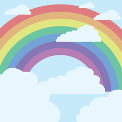 rainbow next to clouds on light blue background