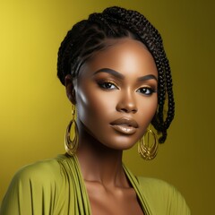 Portrait of beautiful afro american woman with bright makeup and braids. Attractive dark skin girl with stylish jewerly accessuoris. Pretty face of afro model on green background. Afro American beauty