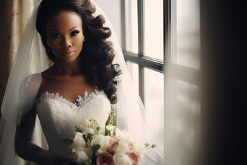 Portrait of black people the beautiful bride against a window indoors