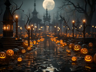 Halloween pumpkin head jack lantern with burning candles