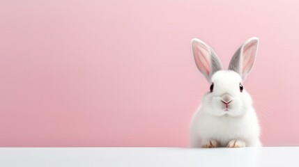 cute animal pet rabbit or bunny white color smiling and laughing isolated with copy space for easter background, rabbit, animal, pet, cute, fur, ear, mammal, background, celebration, generate by AI - obrazy, fototapety, plakaty