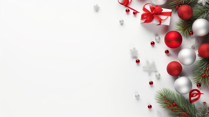 Christmas composition. Gift, fir tree branches with copy space on white background