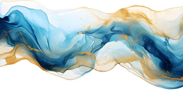 Abstract marble texture with blue and golden watercolor alcoholic liquid background. Generative AI