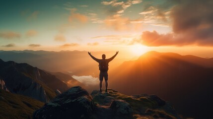 Silhouette of man stand and feel happy on the most hight at the mountain on sunset, success,...
