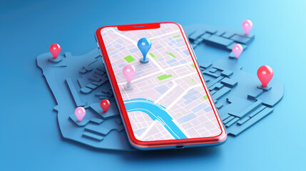 .Smartphone with map, 3D Map pins, GPS, navigator pin checking points, 3D World Map icon, technology and application mobile smart phone with mobile, delivery tracking, transportation, generate by AI - obrazy, fototapety, plakaty