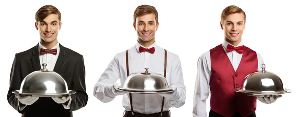 Set of hospitable smiling waiters holding trays with catering domes, cut out