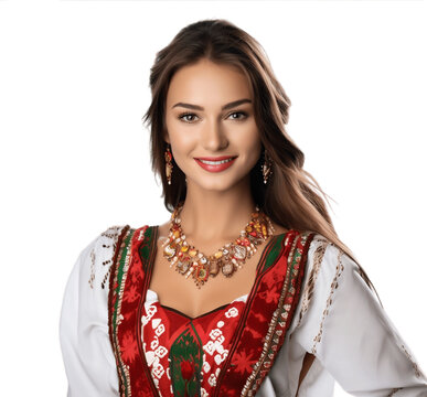 Bulgarian woman smiling happily on PNG transparent background. Welcome to Bulgaria concept.