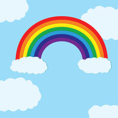 rainbow next to clouds on light blue background