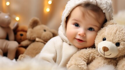 Christmas studio, cute baby with teddy bear doll and christmas decoration - Powered by Adobe