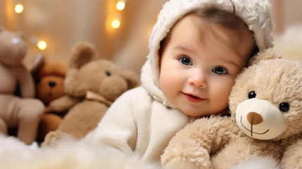 Fotobehang Christmas studio, cute baby with teddy bear doll and christmas decoration © thesweetsheep