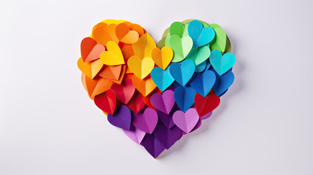 Heart on a white background made of small colored paper hearts in the colors of the LGBT flag. International day for Tolerance - Powered by Adobe