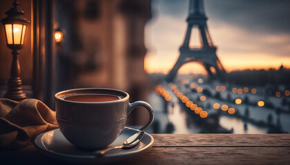 Cup coffee in the background Paris Eiffel Tower. Generative AI, - obrazy, fototapety, plakaty
