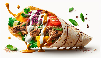 Shawarma with meat and vegetables on a white background isolate. Generative AI, - obrazy, fototapety, plakaty