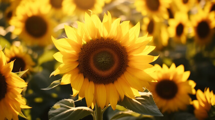 Obraz premium A vibrant sunflower in a sunflower field, capturing the beauty of nature