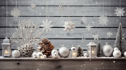 Collage of christmas decoration over grey wood wall background