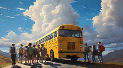 Elementary school children on the school bus, illustration cartoon - obrazy, fototapety, plakaty