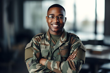 Portrait of soldier with smile, confidence and pride at army building, arms crossed and happy professional. Military career, security and courage, black man in camouflage uniform at government agency - obrazy, fototapety, plakaty