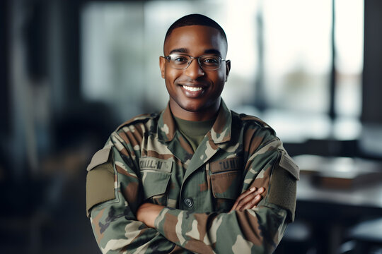 Portrait of soldier with smile, confidence and pride at army building, arms crossed and happy professional. Military career, security and courage, black man in camouflage uniform at government agency