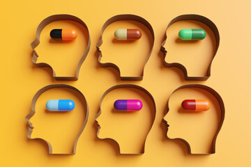 Antibiotic capsules in human head shaped outlines on yellow background. Illustration of the concept of pharmaceutical industry, prescription and  antibiotic resistance