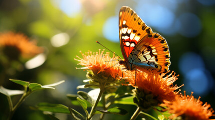 Obraz premium Vibrant butterfly delicately landing on a flower, showcasing nature's intricate beauty