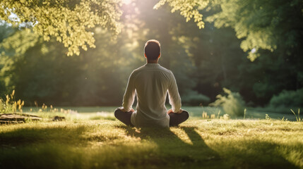 Man finding inner peace, meditating amidst the green serenity of a peaceful park - obrazy, fototapety, plakaty