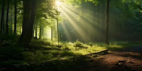 sun rays through the forest - obrazy, fototapety, plakaty