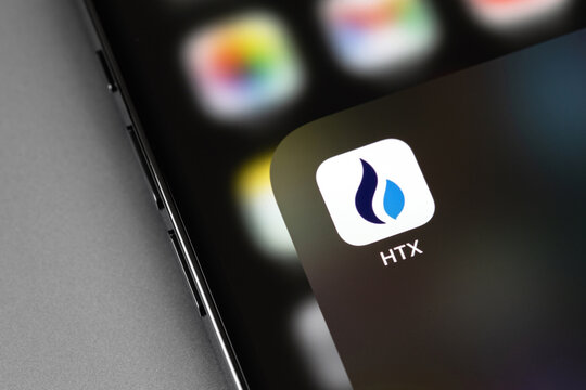 HTX, Huobi mobile icon app on a screen smartphone closeup. HTX (Huobi) - one of the largest cryptocurrency exchange on the market. Batumi, Georgia - September 16, 2023