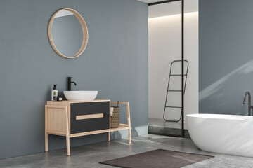 Modern minimalist bathroom interior, modern bathroom cabinet, white sink, wooden vanity, interior plants, bathroom accessories, bathtub and shower, white and blue walls, concrete floor.