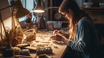 Dedicated individual crafting exquisite handmade jewelry, showcasing intricate artistry - Powered by Adobe