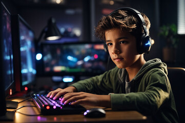 A boy with headphones playing with the computer. Generative AI.
