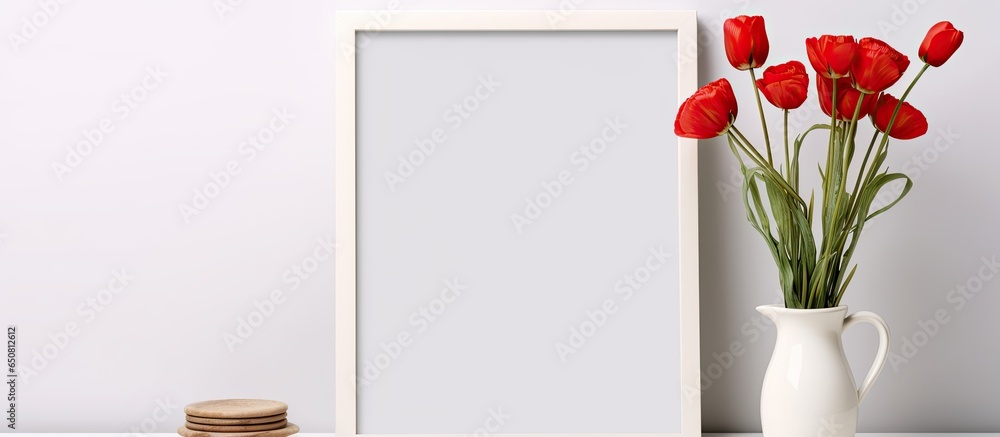 Poster white photo frame on table displaying red poppy flowers against a white wall front view with space f