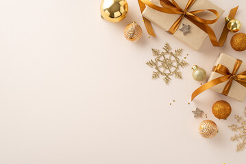 Wishing you Happy New Year! Top view of beautifully packaged gift boxes tied with satin bows, golden ornaments, glistening stars, snowflakes on pastel backdrop, offering area for your personal message