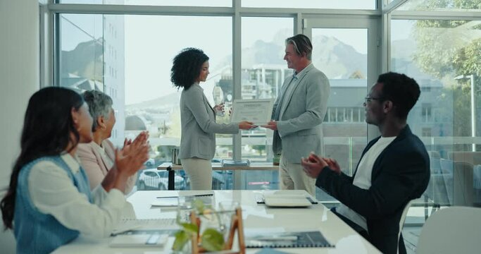 Prize, happy woman or business team celebrate, applause or praise employee success, reward or promotion. Certificate trophy winner, motivation or agent congratulations for winning realtor competition