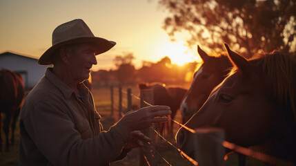 Dedicated farmer caring for majestic horses, ensuring their well-being in the farm stable - obrazy, fototapety, plakaty
