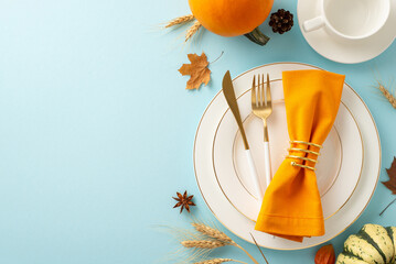 Viewed from above, a warm Thanksgiving gathering comes to life with golden dishes, cutlery and...