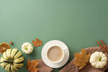 Crisp Fall morning aesthetic: From top view, brown knitted sweater, a hot coffee cup, raw...
