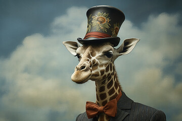 cute giraffe wearing a hat - obrazy, fototapety, plakaty