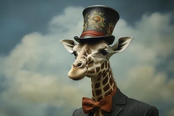 Schilderijen op glas cute giraffe wearing a hat © Salawati