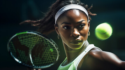 Tennis sports and African American woman on court for match. Game or competition. Close-up. Banner. - Powered by Adobe