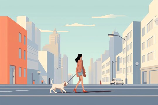 Anime illustration of a girl walking her dog in the city