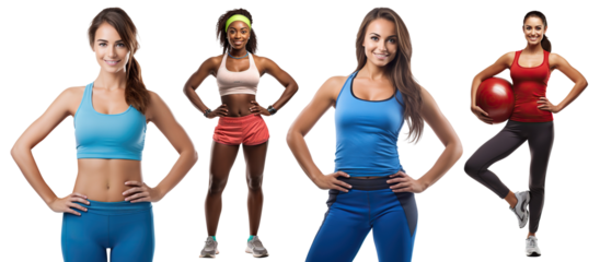 Set of beautiful athletic girls in fitness uniforms, cut out